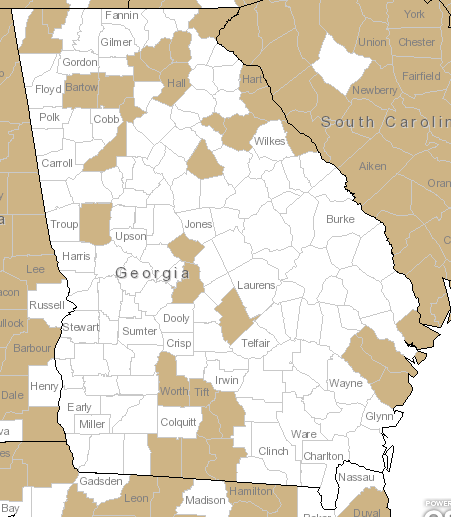 The Georgia range of Ambrosia artemisiifolia